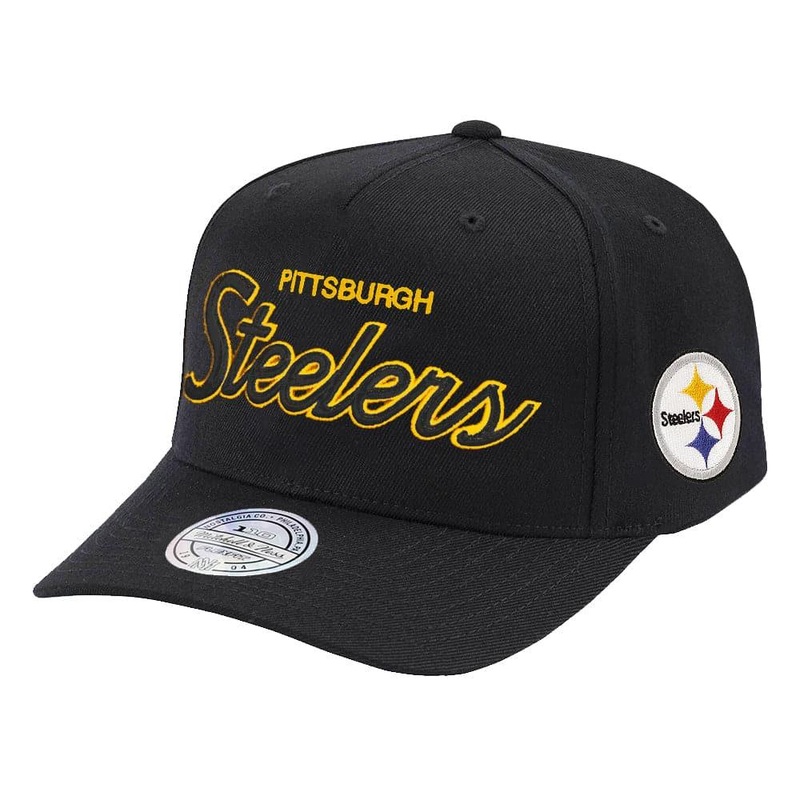Pittsburgh Steelers Mitchell & Ness NFL Defense Script 110 Curve Snapback Hat – Black