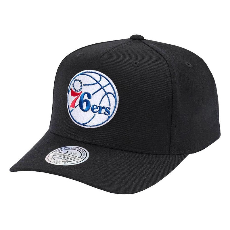 Philadelphia 76ers Mitchell & Ness NBA 110 Team Curve Snapback Hat – Black