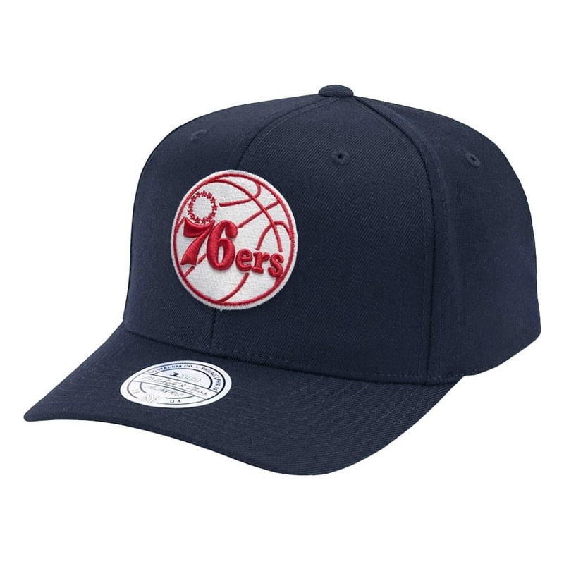 Philadelphia 76ers Mitchell & Ness NBA Red & White 110 Curve Snapback Hat – Navy