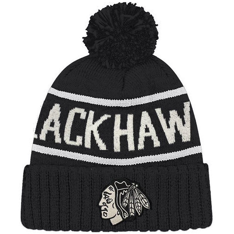 Chicago Blackhawks NHL Wordmark Pom Knit Beanie – Black