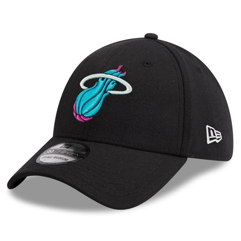 Miami Heat New Era NBA Teal Vice City Logo 39THIRTY Curve Stretch-Fit Hat – Black
