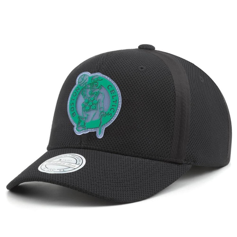 Boston Celtics Mitchell & Ness NBA Hideout Mesh 110 Curve Snapback Hat – Black
