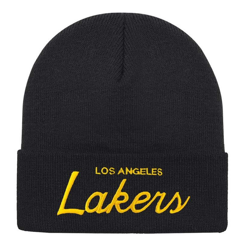 Los Angeles Lakers Mitchell & Ness NBA Script Cuff Knit Beanie – Black