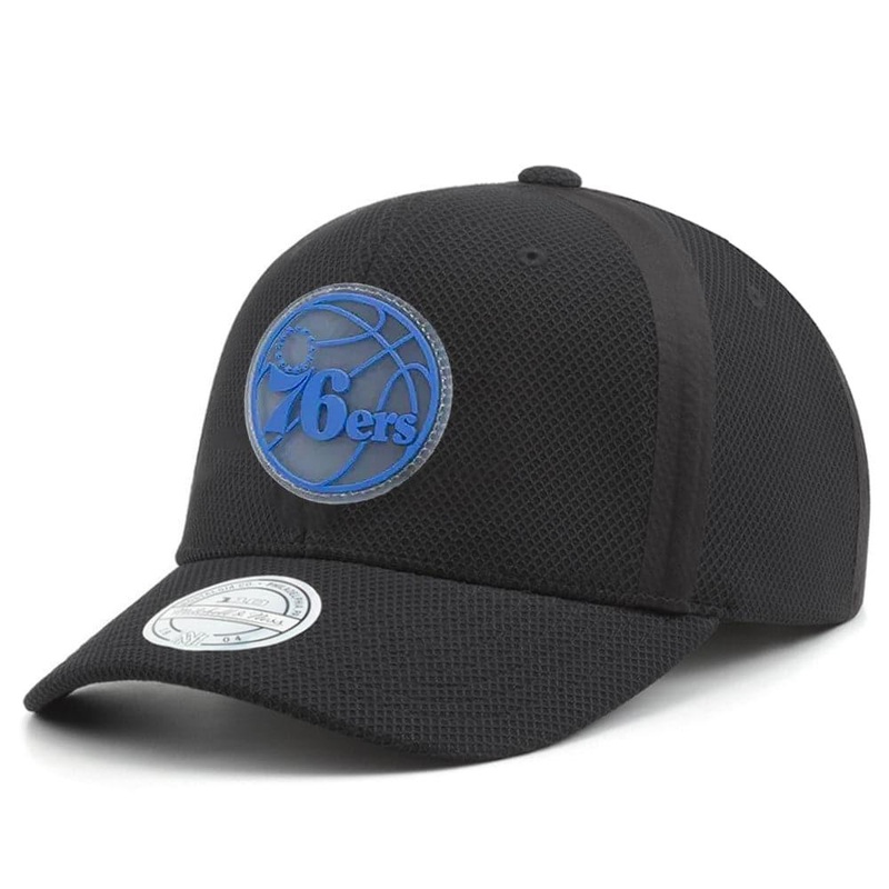 Philadelphia 76ers Mitchell & Ness NBA Hideout Mesh 110 Curve Snapback Hat – Black