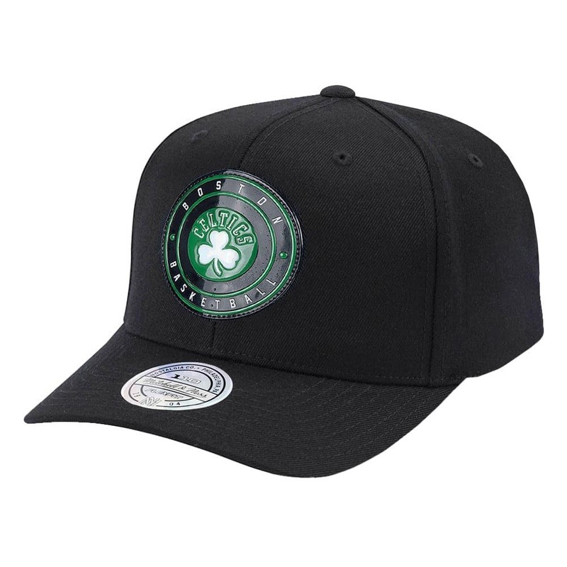 Boston Celtics Mitchell & Ness NBA Circle Weald 110 Curved Snapback Hat – Black