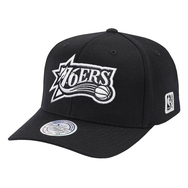 Philadelphia 76ers Mitchell & Ness NBA HWC Outline 110 Curved Snapback Hat – Black