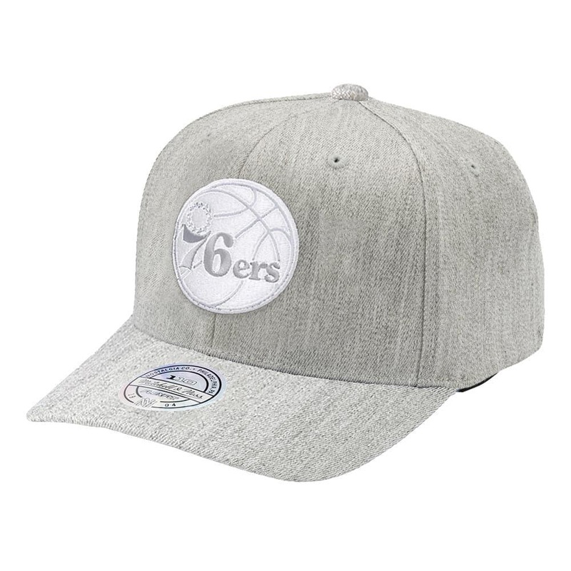 Philadelphia 76ers Mitchell & Ness NBA Tonal White Logo 110 Curved Snapback Hat – Heather