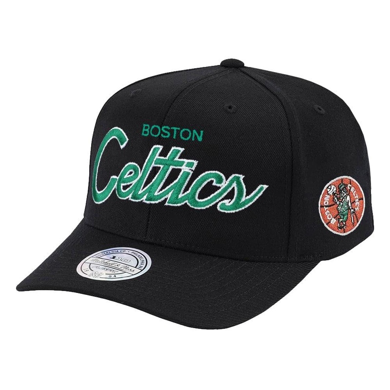 Boston Celtics Mitchell & Ness NBA Foundation Script 110 Curve Snapback Hat – Black