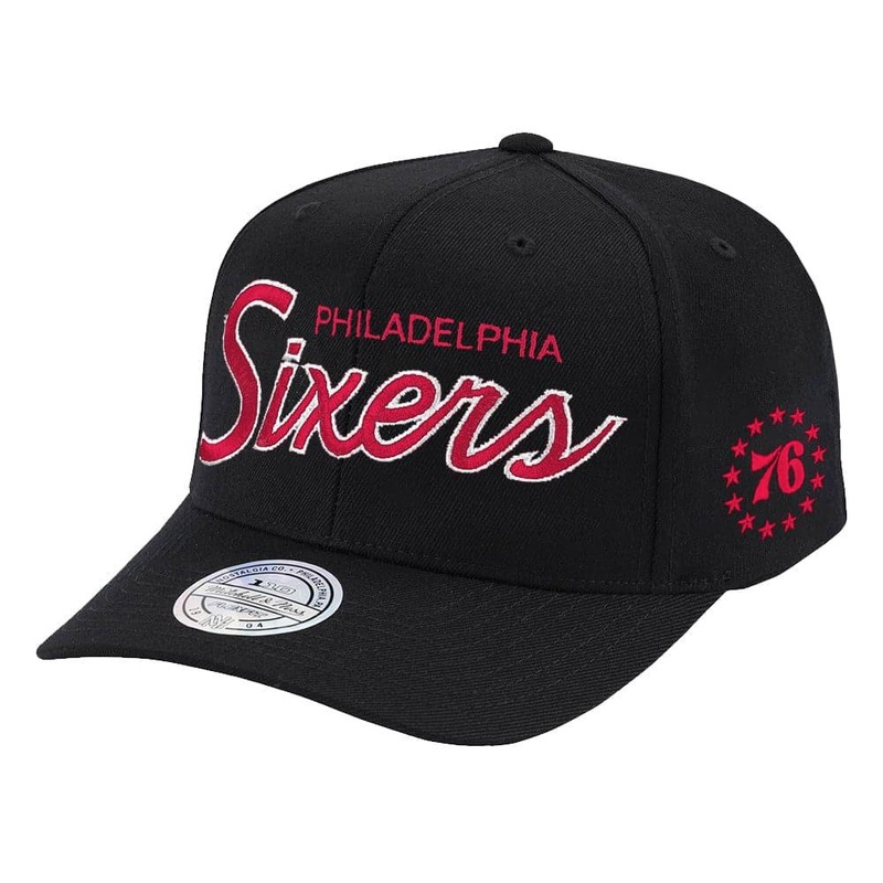 Philadelphia 76ers Mitchell & Ness NBA Foundation Script 110 Curve Snapback Hat – Black