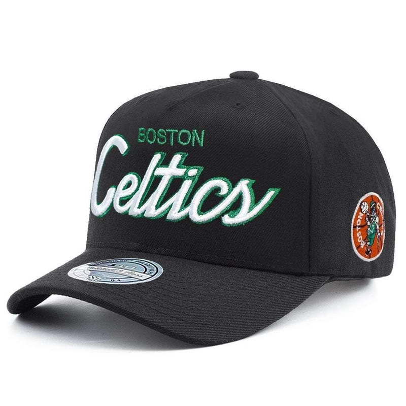 Boston Celtics Mitchell & Ness NBA Team Script 110 Curved Snapback Hat – Black