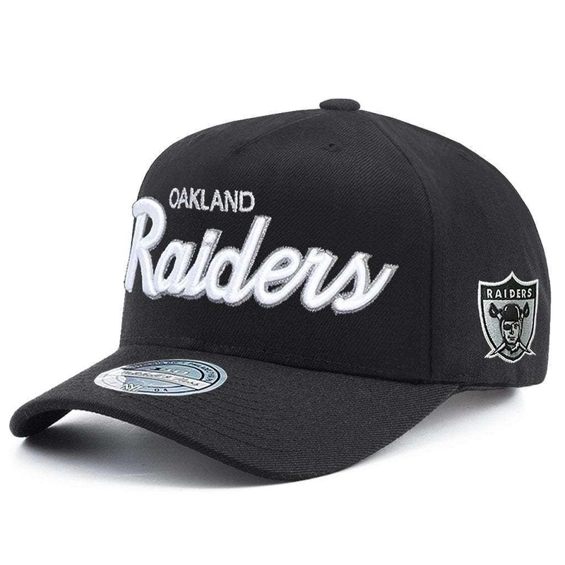 Oakland Raiders Mitchell & Ness NFL Team Script 110 Curved Snapback Hat – Black