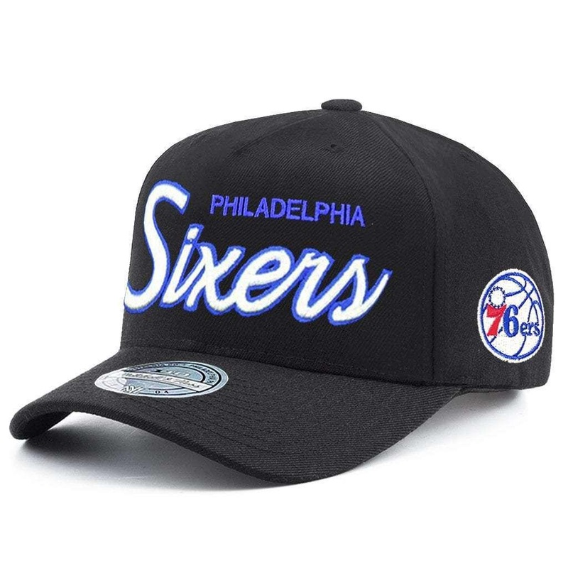 Philadelphia 76ers Mitchell & Ness NBA Team Script 110 Curved Snapback Hat – Black