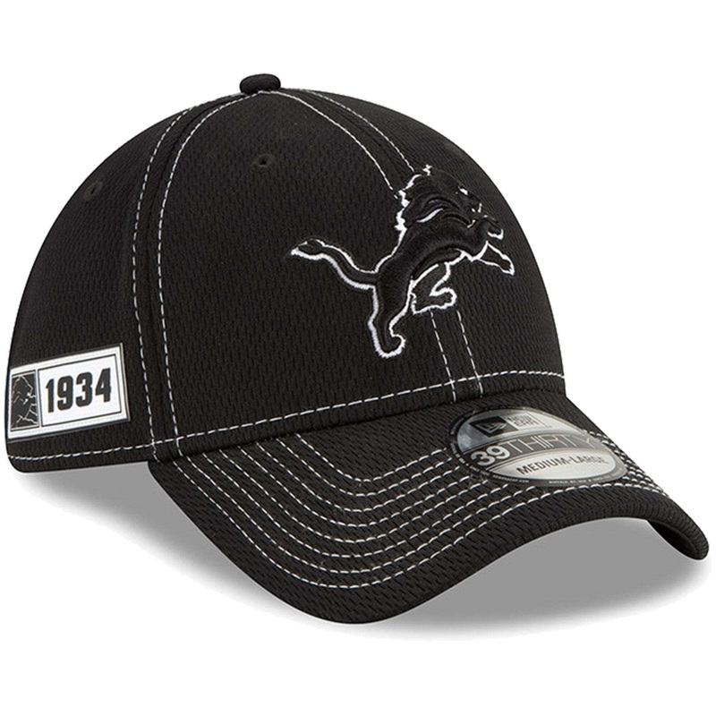 Detroit Lions New Era NFL 2019 Sideline Black & White 39THIRTY Stretch-Fit Curve Hat