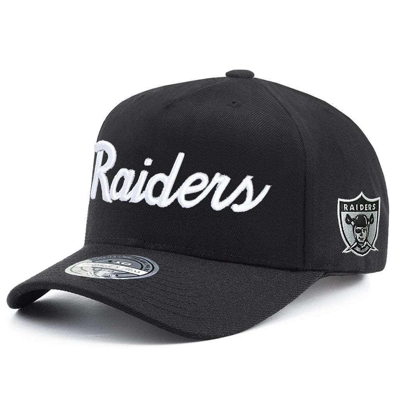 Oakland Raiders Mitchell & Ness NFL Script 110 Curve Snapback Hat – Black