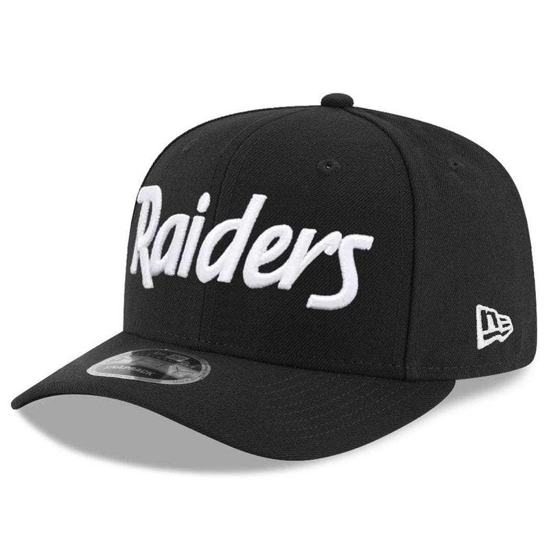 Oakland Raiders New Era NFL Black & White Script Pre-Curved OF 9FIFTY Snapback Hat