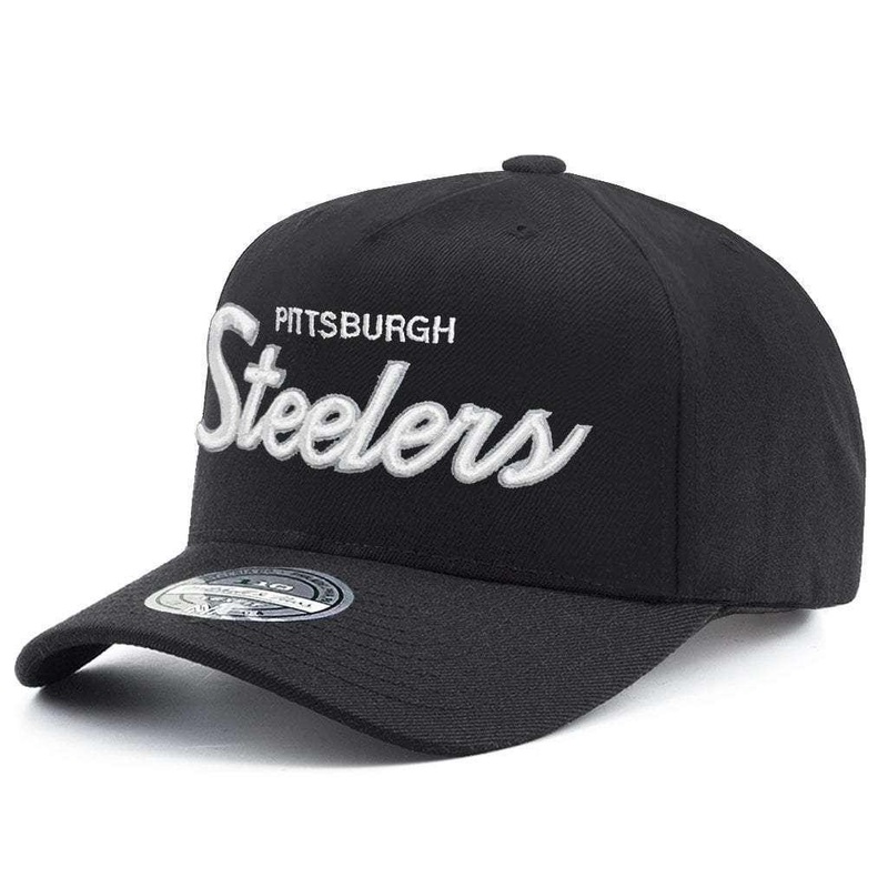 Pittsburgh Steelers Mitchell & Ness NFL Script 110 Curve Snapback Hat – Black