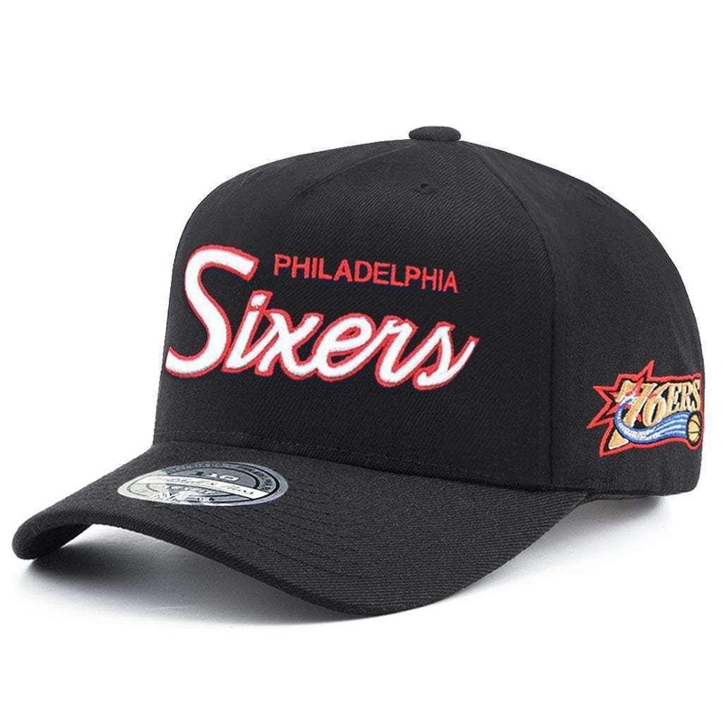 Philadelphia 76ers Mitchell & Ness NBA Script Pop 110 Curve Snapback Hat – Black