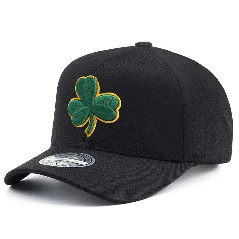 Boston Celtics Mitchell & Ness NBA HWC Logo 110 Curved Snapback Hat – Black