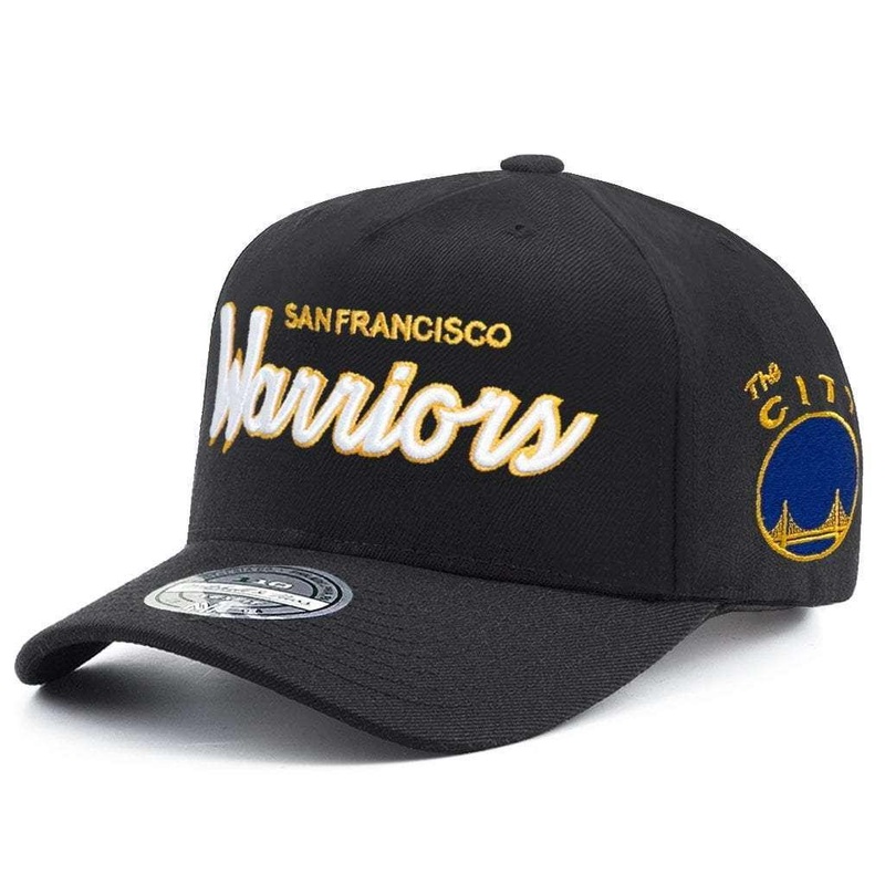 Golden State Warriors Mitchell & Ness NBA Script Pop 110 Curve Snapback Hat – Black