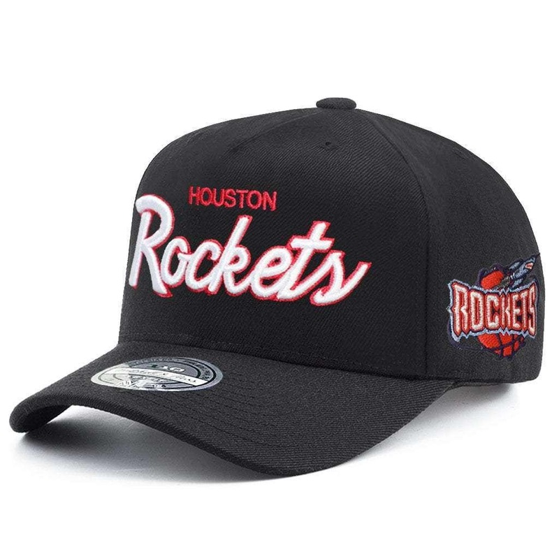 Houston Rockets Mitchell & Ness NBA Script Pop 110 Curve Snapback Hat – Black