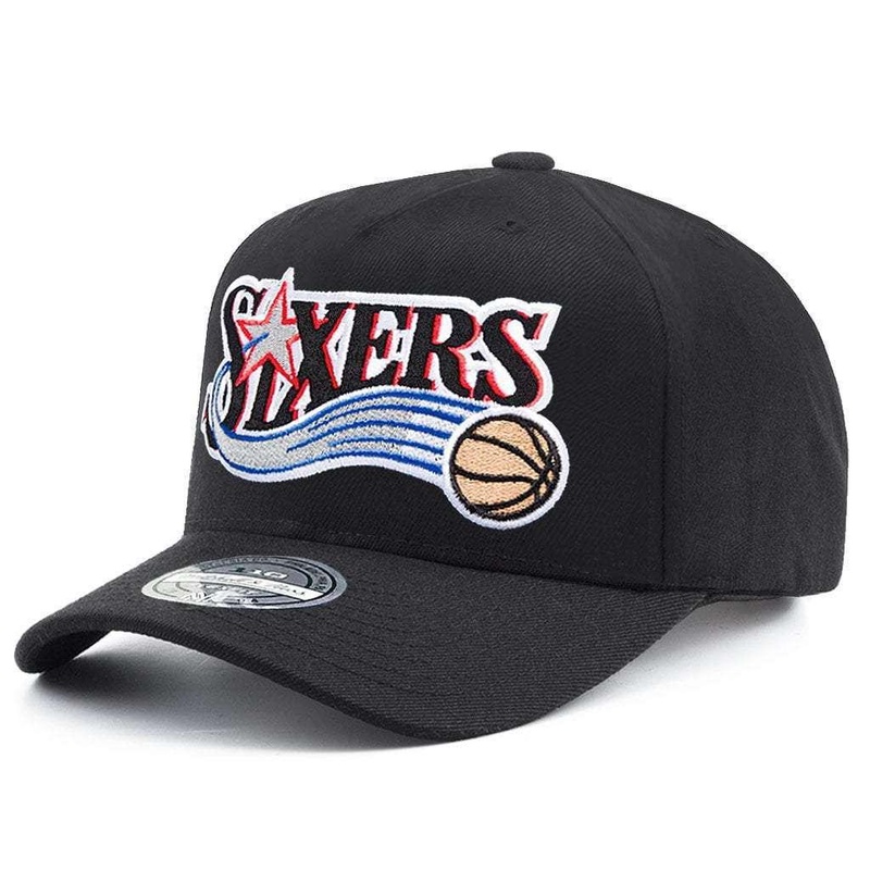 Philadelphia 76ers Mitchell & Ness NBA HWC Jersey Logo 110 Curve Snapback Hat – Black