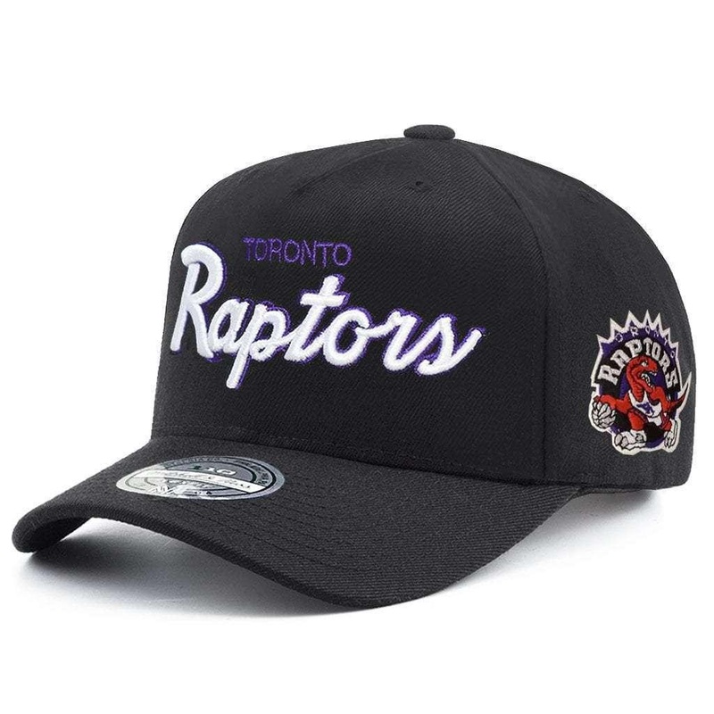 Toronto Raptors Mitchell & Ness NBA Script Pop 110 Curve Snapback Hat – Black