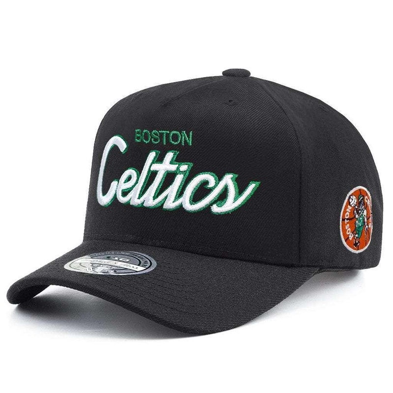 Boston Celtics Mitchell & Ness NBA Team Script Pop 110 Curve Snapback Hat – Black