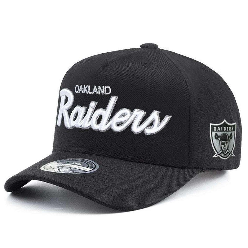 Oakland Raiders Mitchell & Ness NFL Team Script Pop 110 Curve Snapback Hat – Black