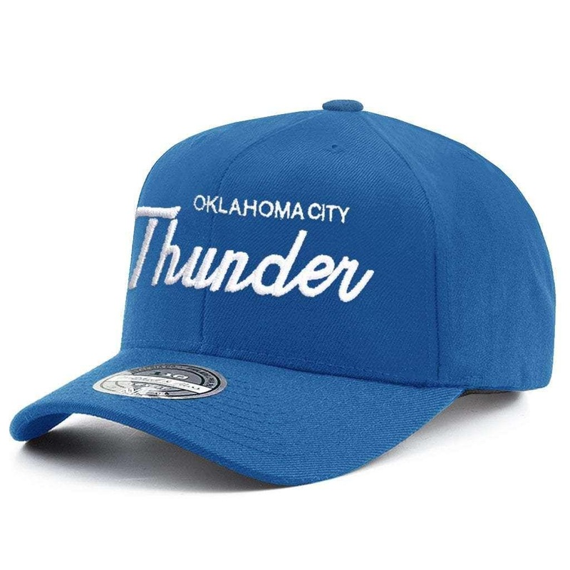 Oklahoma City Thunder Mitchell & Ness NBA 110 Script Pre-Curve Snapback Hat – Blue