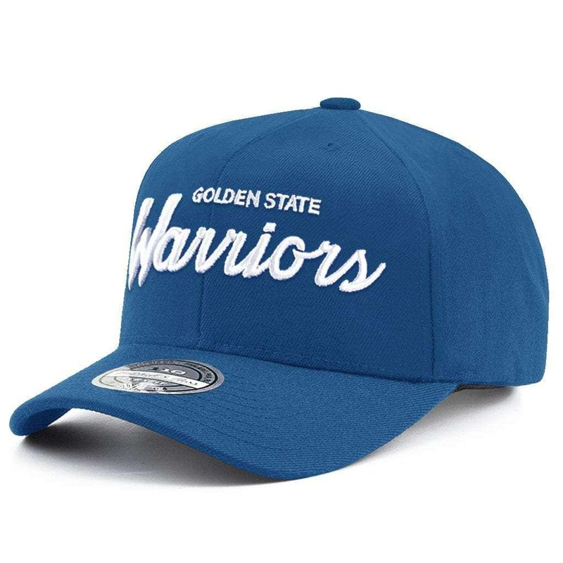 Golden State Warriors Mitchell & Ness NBA 110 Script Pre-Curve Snapback Hat – Blue
