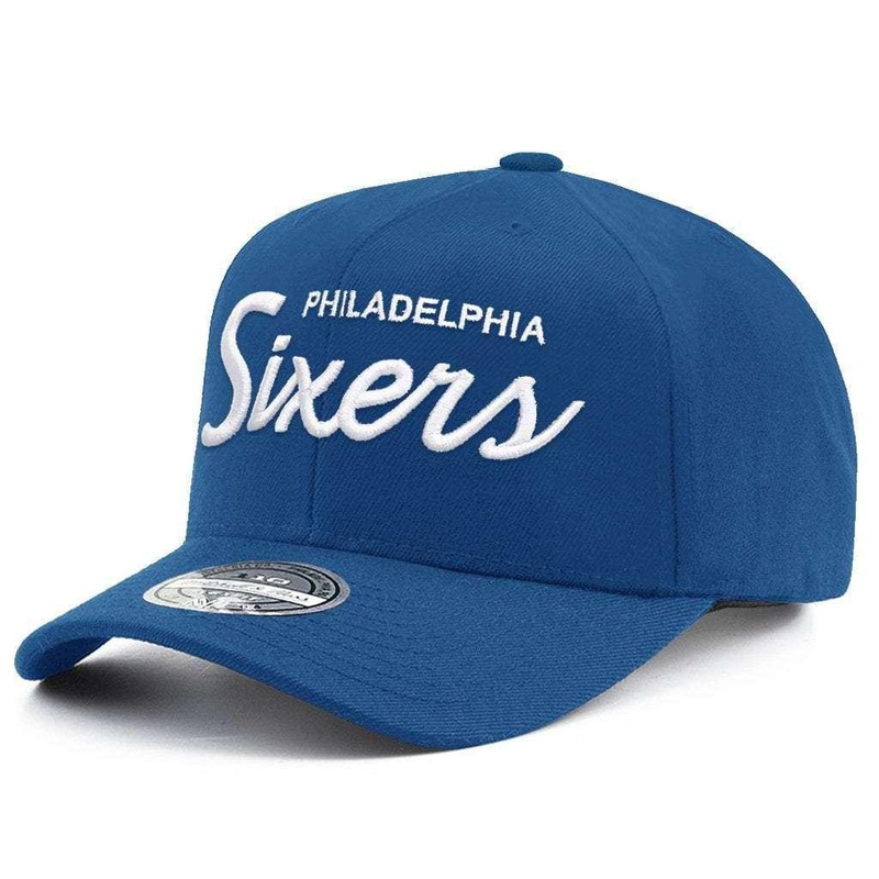Philadelphia 76ers Mitchell & Ness NBA 110 Script Pre-Curve Snapback Hat – Blue