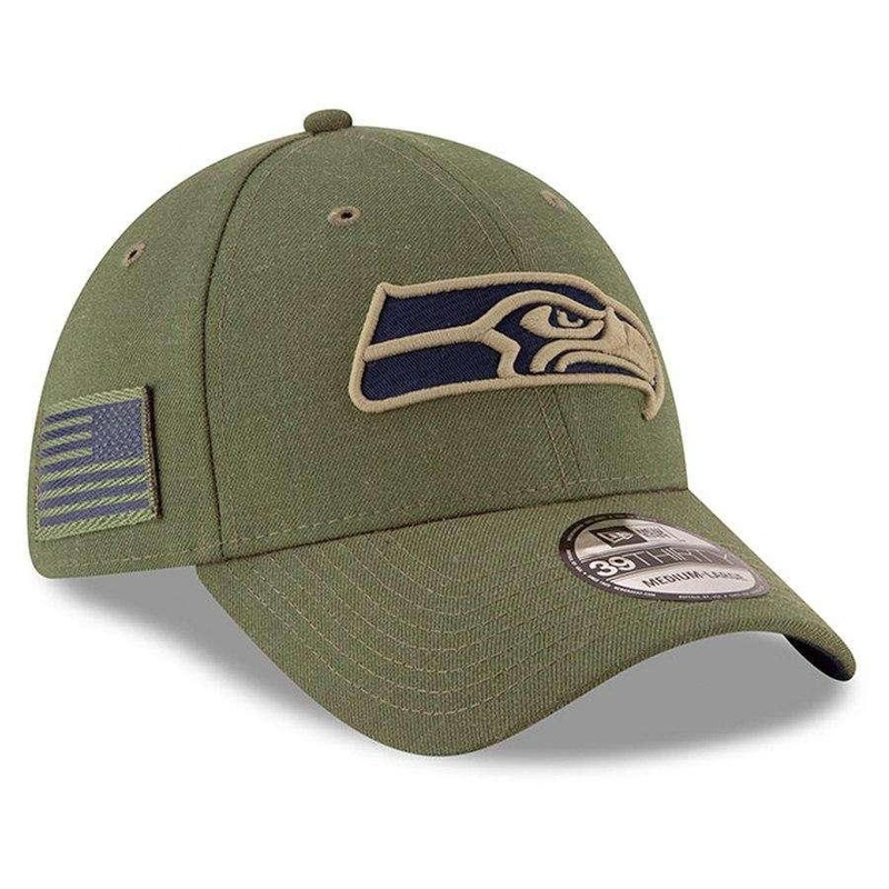 Seattle Seahawks New Era NFL 2018 Salute To Service 39THIRTY Stretch-Fit Curved Hat – Olive