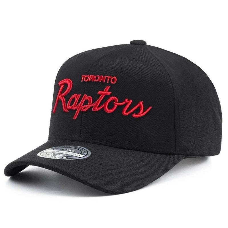 Toronto Raptors Mitchell & Ness NBA 110 Script Pre-Curve Snapback Hat – Black