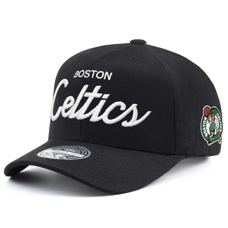 Boston Celtics Mitchell & Ness NBA 110 Script Logo Curve Snapback Hat – Black