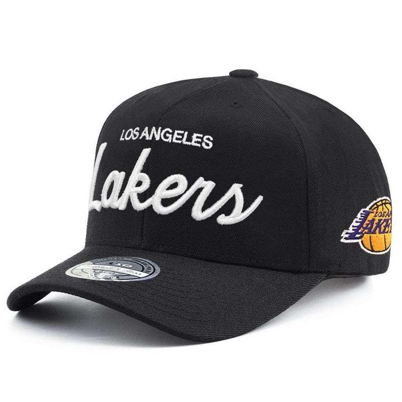 Los Angeles Lakers Mitchell & Ness NBA 110 Script Logo Curve Snapback Hat – Black