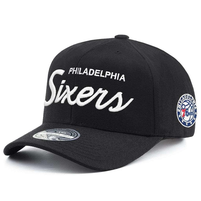 Philadelphia 76ers Mitchell & Ness NBA 110 Script Logo Curve Snapback Hat – Black