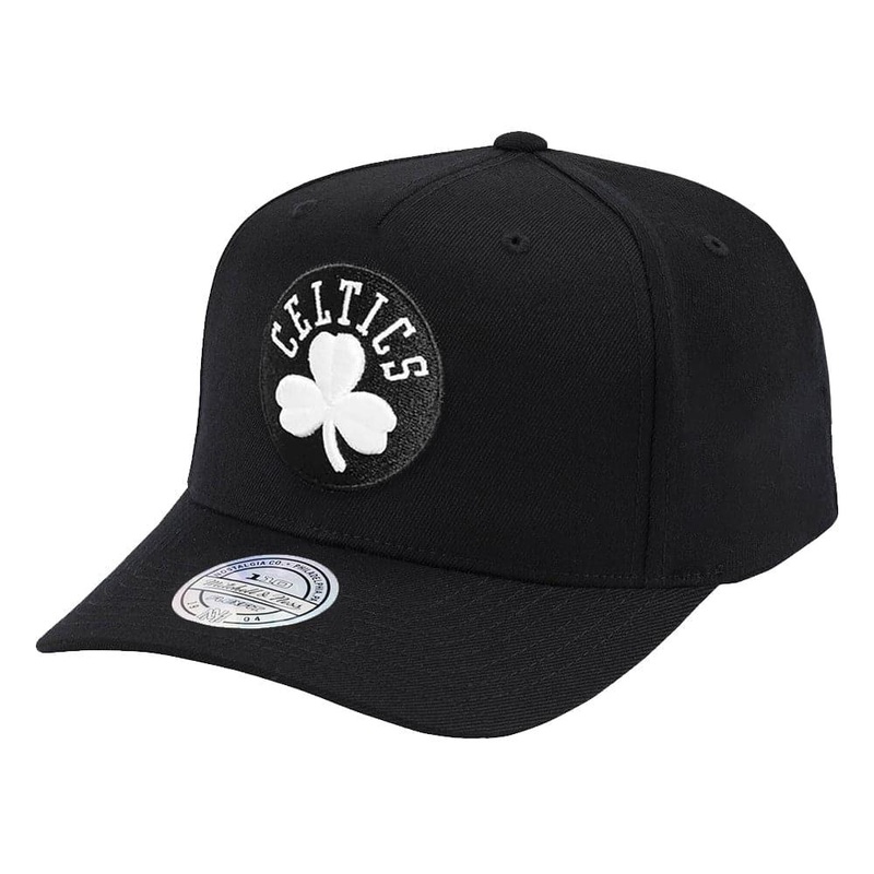 Boston Celtics Mitchell & Ness NBA Black & White 110 Curve Snapback Hat