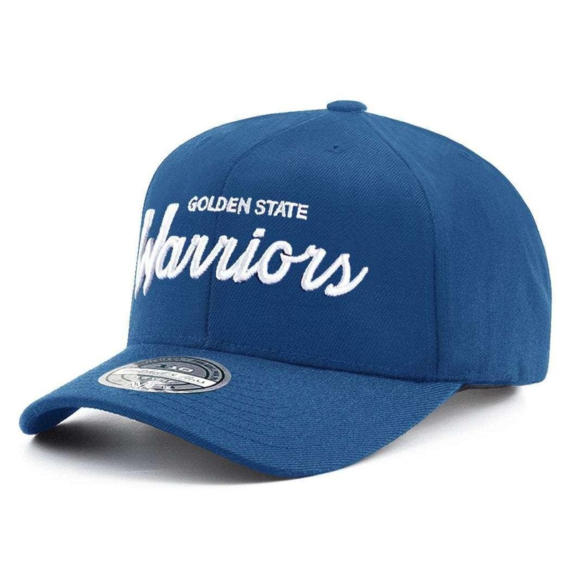 Golden State Warriors Mitchell & Ness NBA 110 Script Curve Snapback Hat – Blue