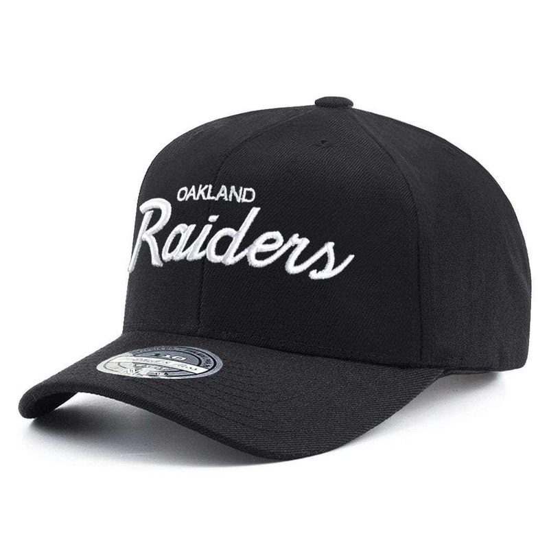 Oakland Raiders Mitchell & Ness NFL 110 Script Curve Snapback Hat – Black