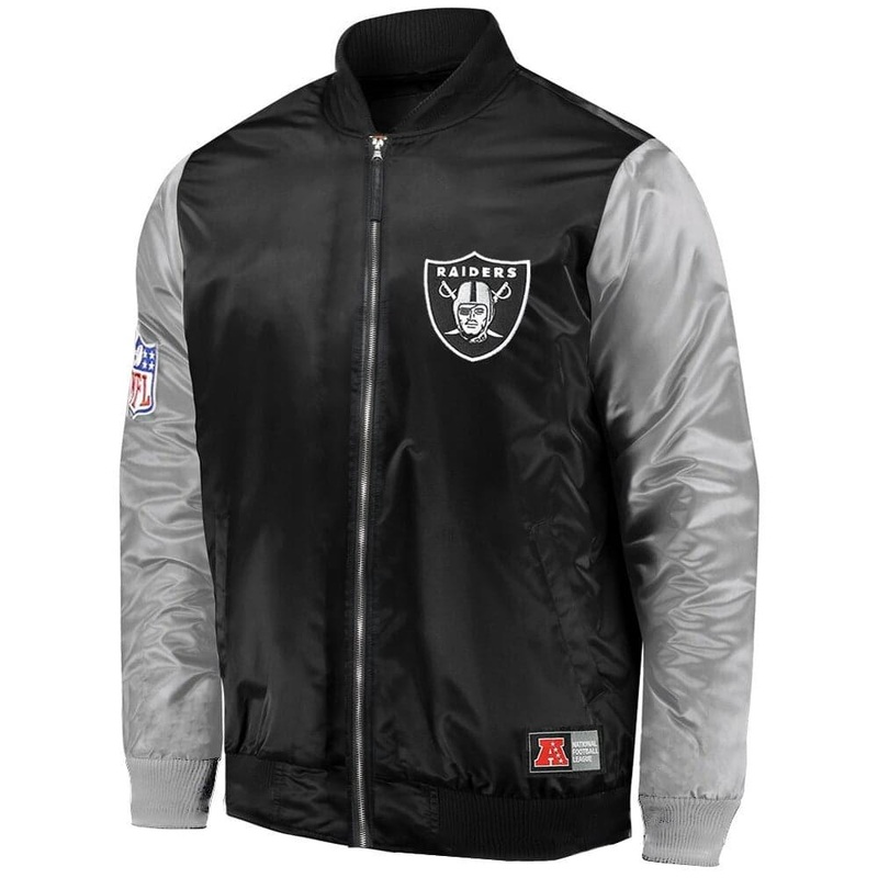 Las Vegas Raiders Majestic NFL Nylon 2 Tone Full Zip Bomber Jacket- Black