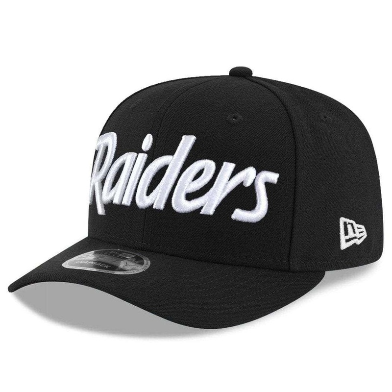 Oakland Raiders New Era NFL Script Pre-Curved OF 9FIFTY Snapback Hat – Black
