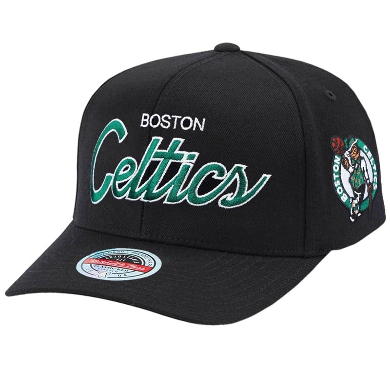 Boston Celtics Mitchell & Ness NBA Script 2.0 Classic Red Snapback Hat – Black