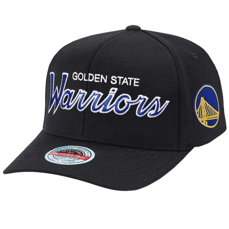 Golden State Warriors Mitchell & Ness NBA Script 2.0 Classic Red Snapback Hat – Black