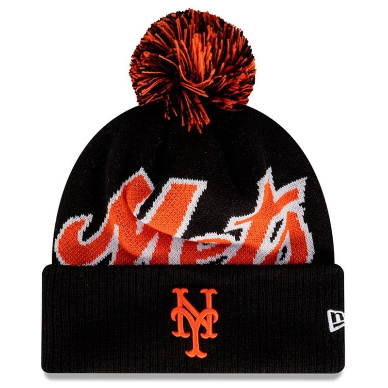 New York Mets New Era MLB Big Script Pom Knit Beanie – Black