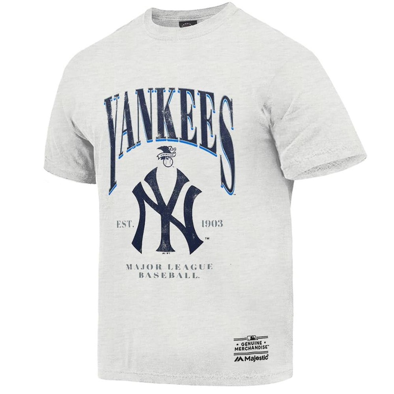 New York Yankees Majestic MLB League Stripe Arch Vintage T-Shirt – White Marle