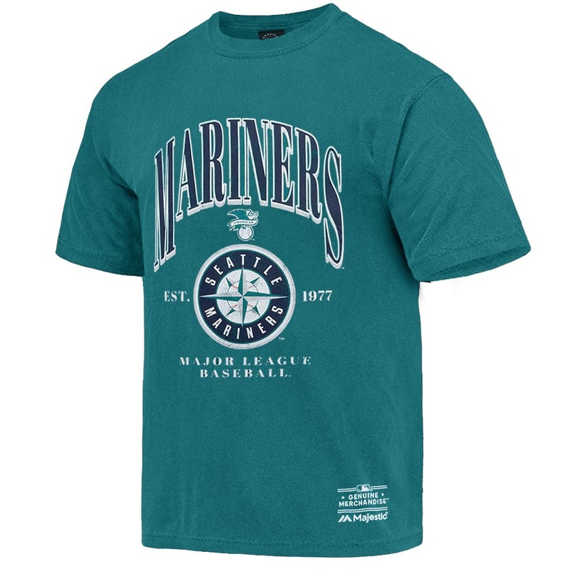 Seattle Mariners Majestic MLB League Stripe Arch Vintage T-Shirt – Green