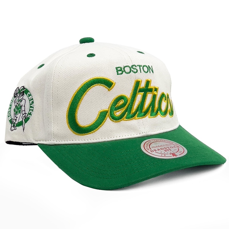 Boston Celtics Mitchell & Ness NBA HWC Script Deadstock Snapback Hat – Off White