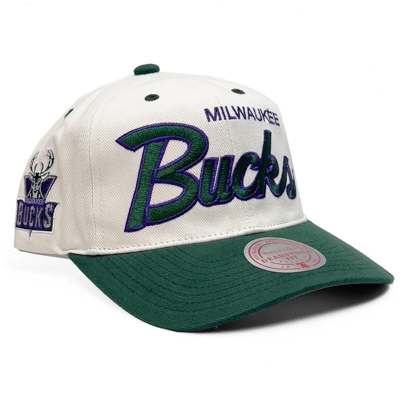 Milwaukee Bucks Mitchell & Ness NBA HWC Script Deadstock Snapback Hat – Off White