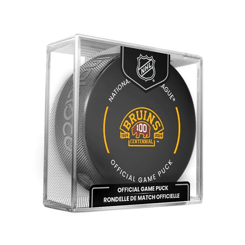 Boston Bruins Inglasco NHL 100th Anniversary Hockey Puck In Cube