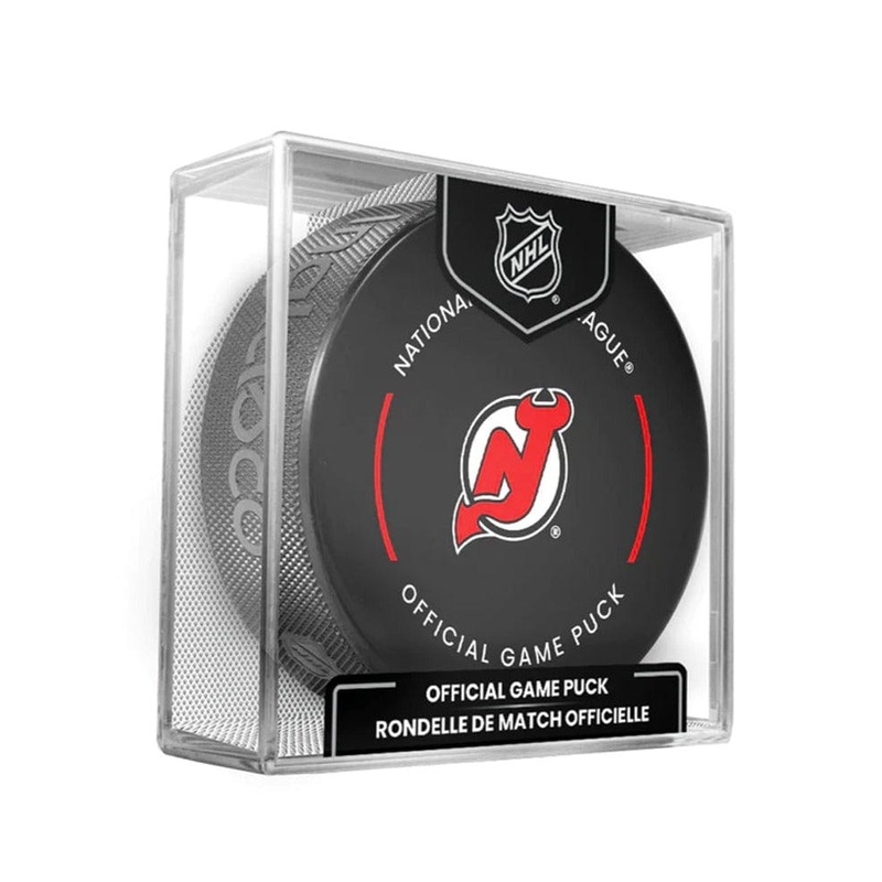 New Jersey Devils Inglasco NHL Official Team Hockey Puck In Cube